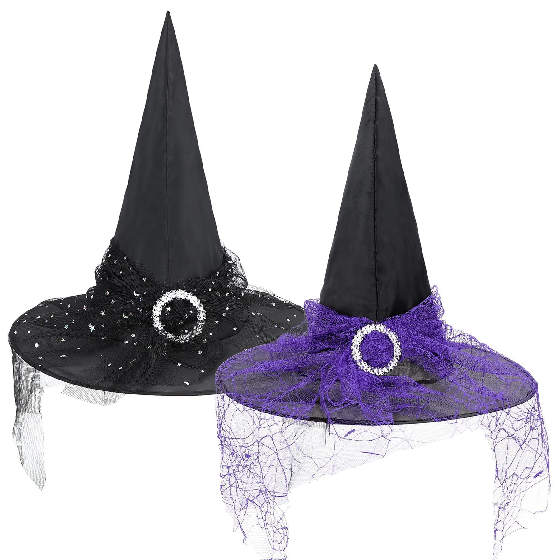 Zando Black Witch Hat with Veil Wide Brim Wizard Hats Foldable Pointed Witches