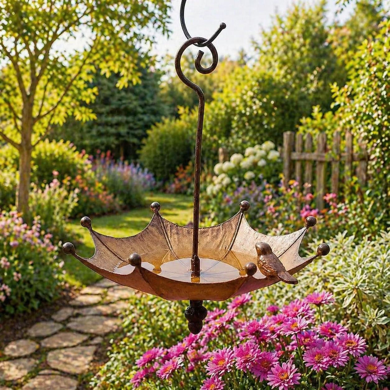 Vintage Style Hanging Bird Feeder Umbrella Design Metal Garden Decoration