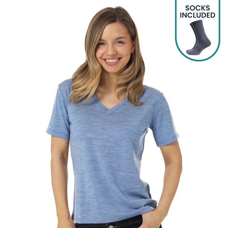 Thumbnail: Womens base layer Merino Wool T-Shirt, female V-neck t-shirt ladies tshirt gymw
