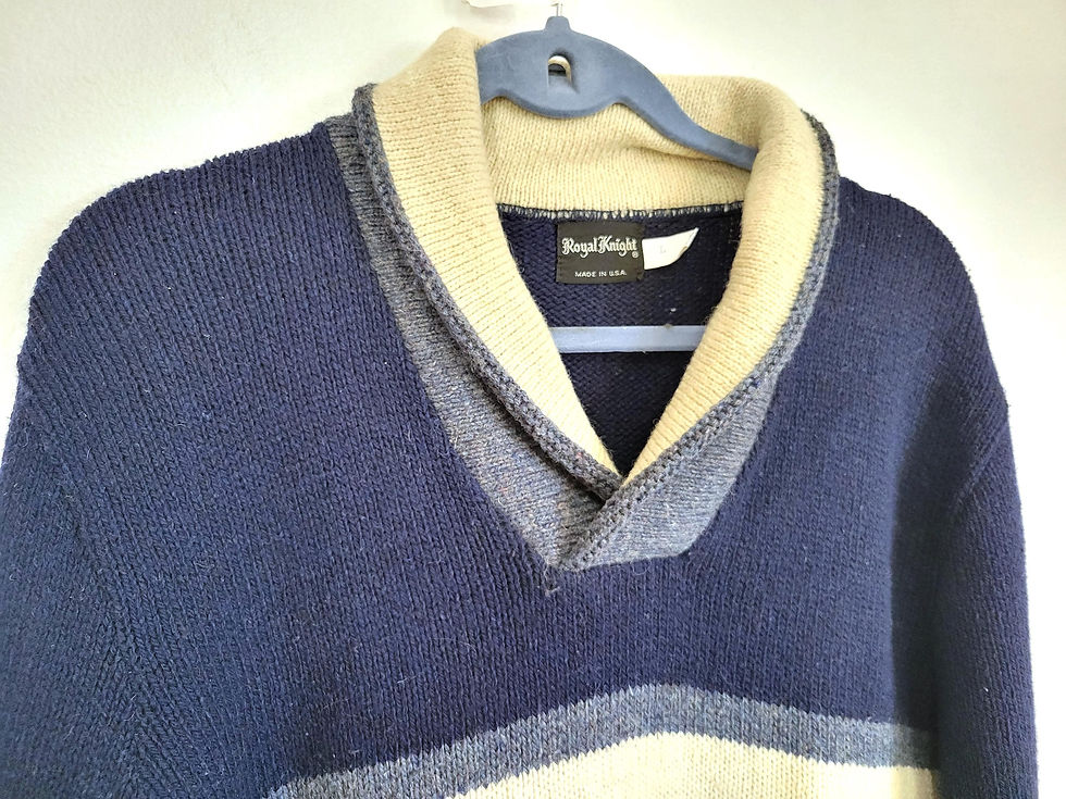 Thumbnail: Vintage Royal Knight wool blend shawl collar men's L pullover sweater, blue and