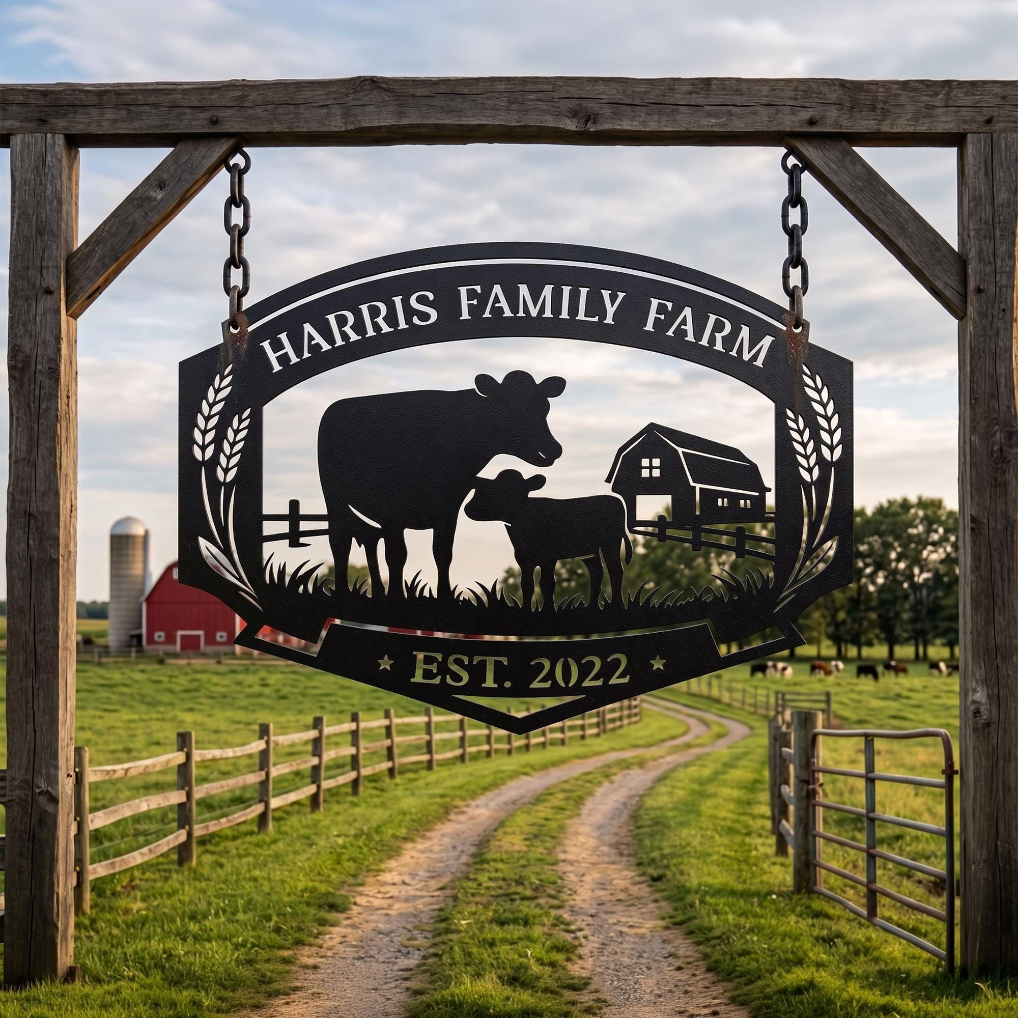 Custom Farm Name, Metal Sign, Cow Cattle Ranch Decor, Rustic Barn Wall Art, Per
