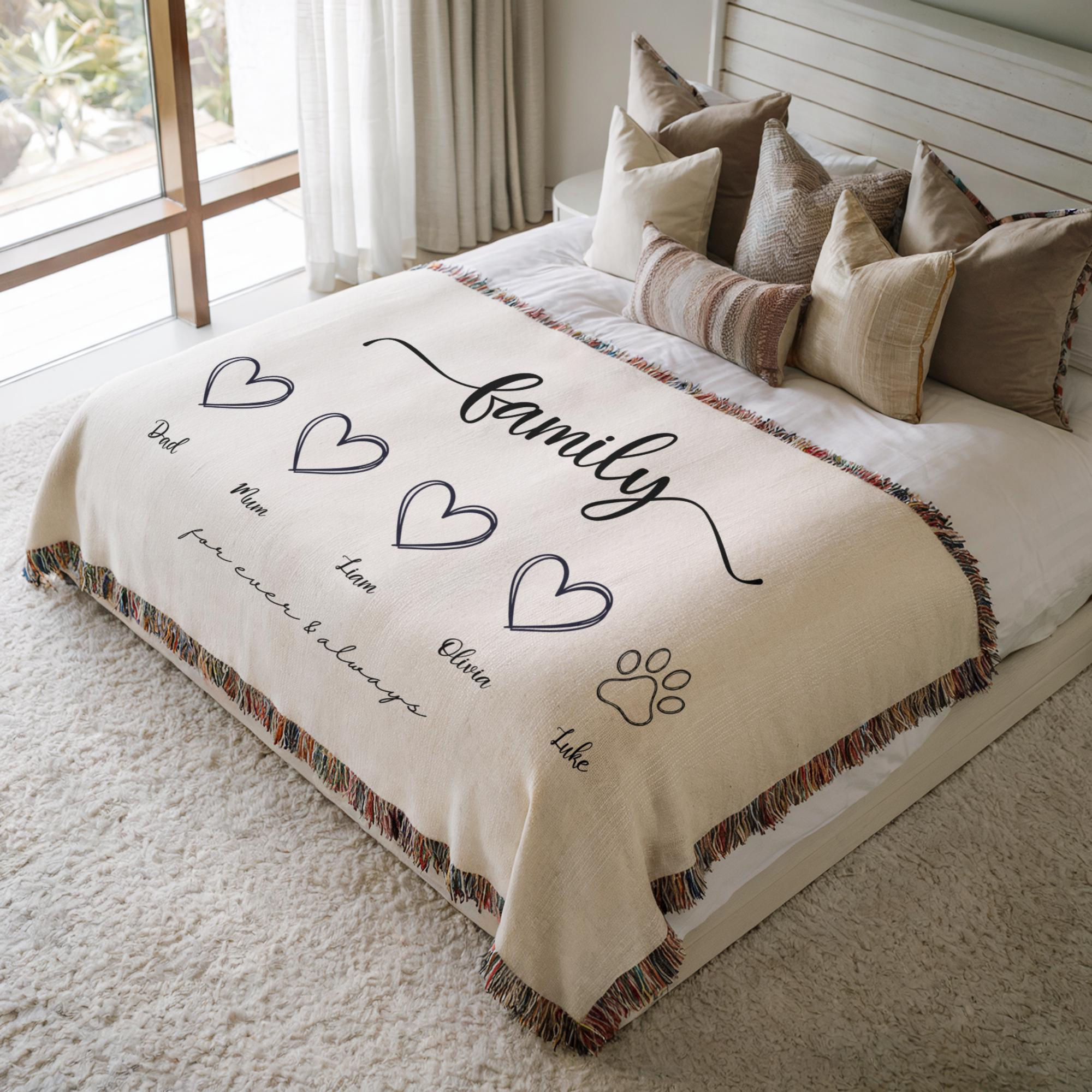 Personalized Family Blanket Custom Woven Throw with Names and Pet Paw Modern Mi