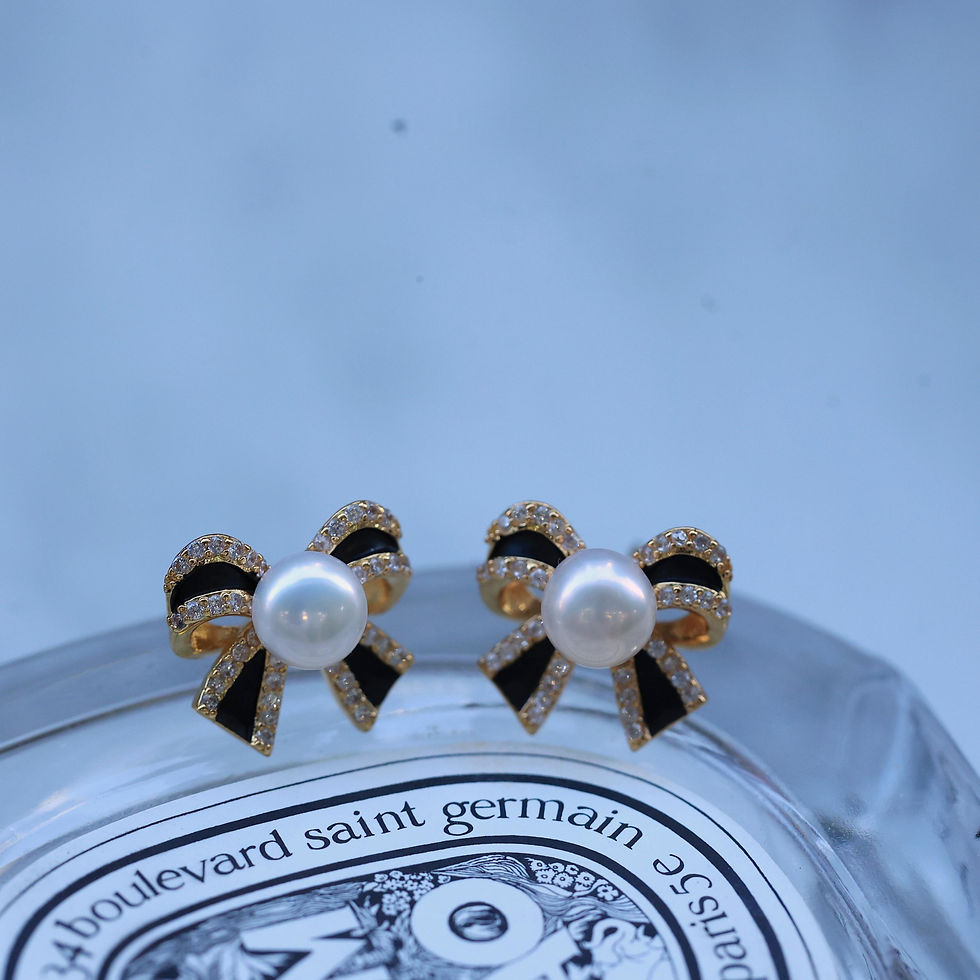 Thumbnail: Trendy Pearl Bow Earrings, Gold Filled with Sparkling CZ Diamonds, Luxurious Gi