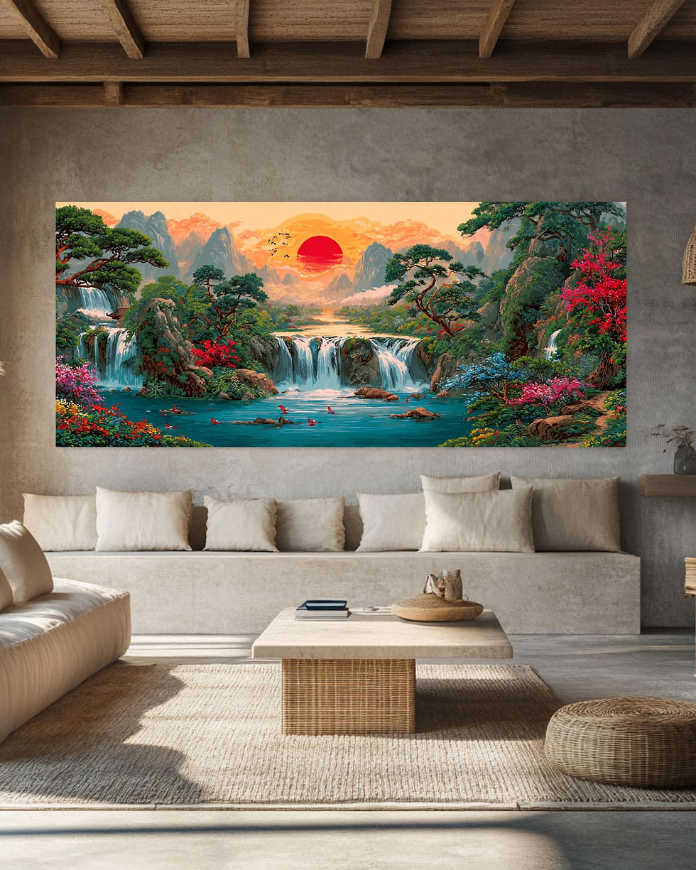 Thumbnail: Chinese Style Panoramic Waterfall Canvas Print, Red Sun Mountain Landscape Wall