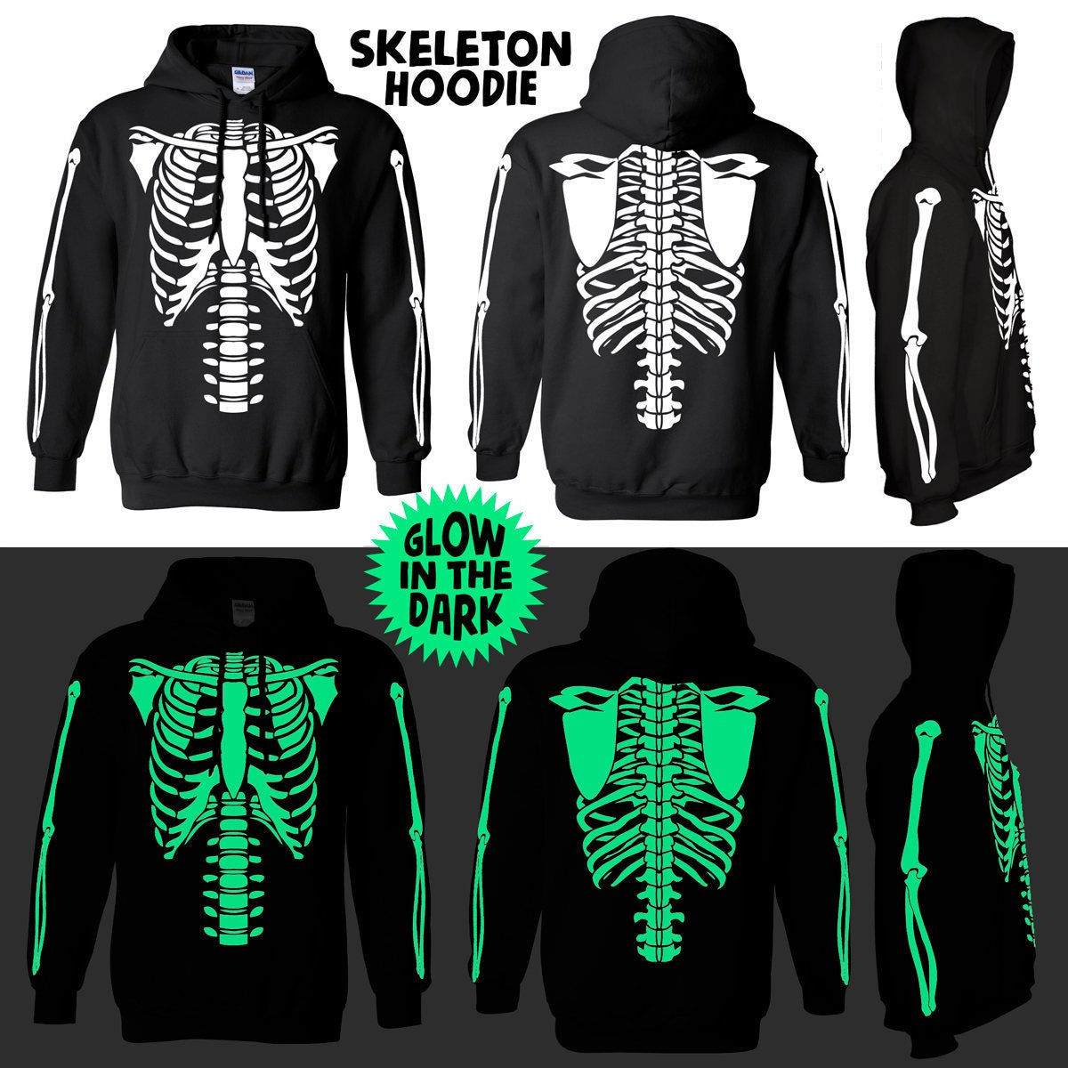 Glow-in-the-Dark Skeleton Hoodie: Halloween Costume Hooded Sweatshirt, 2025 Fro