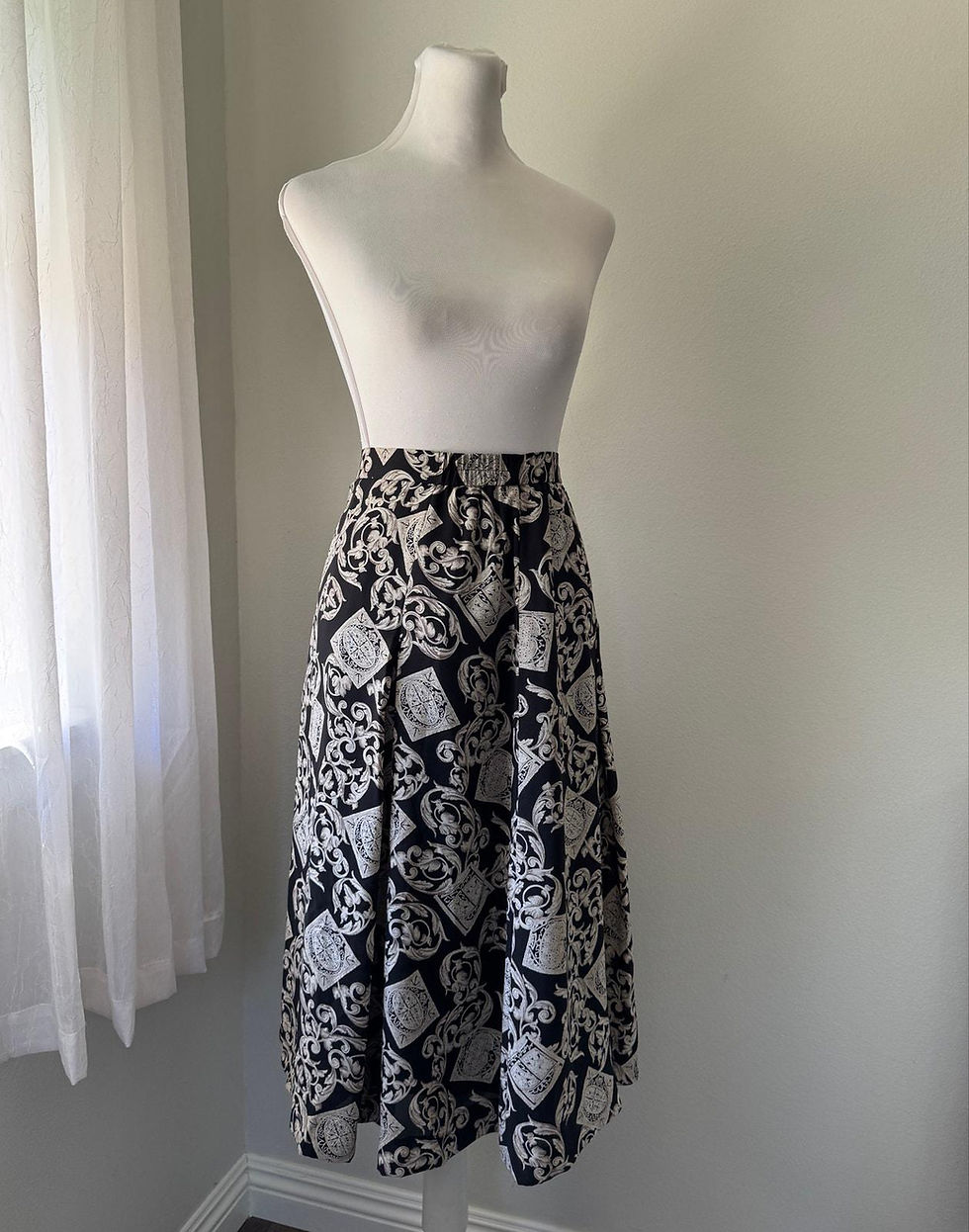 Thumbnail: Vintage ‘90s Leporte Tokyo Style Black & Beige Baroque Print A-Line Midi Skirt