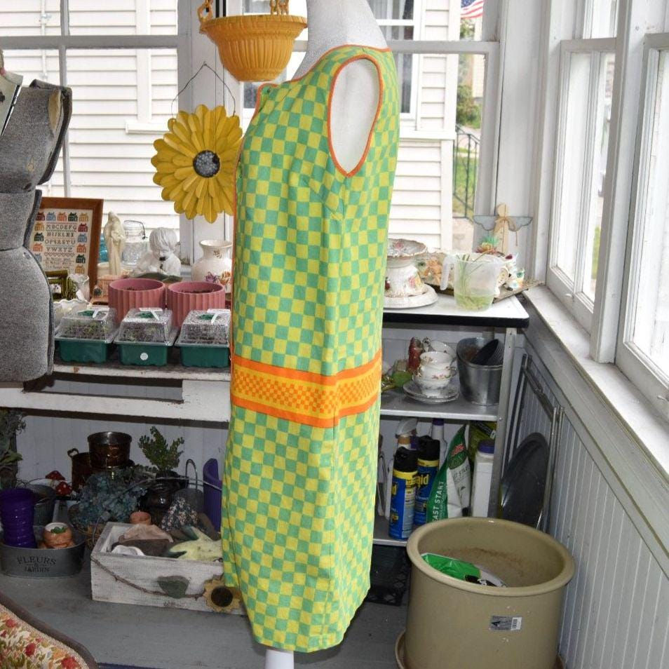 Thumbnail: Vintage 60s Mod Checkerboard Shift Dress Green Yellow Orange Size M