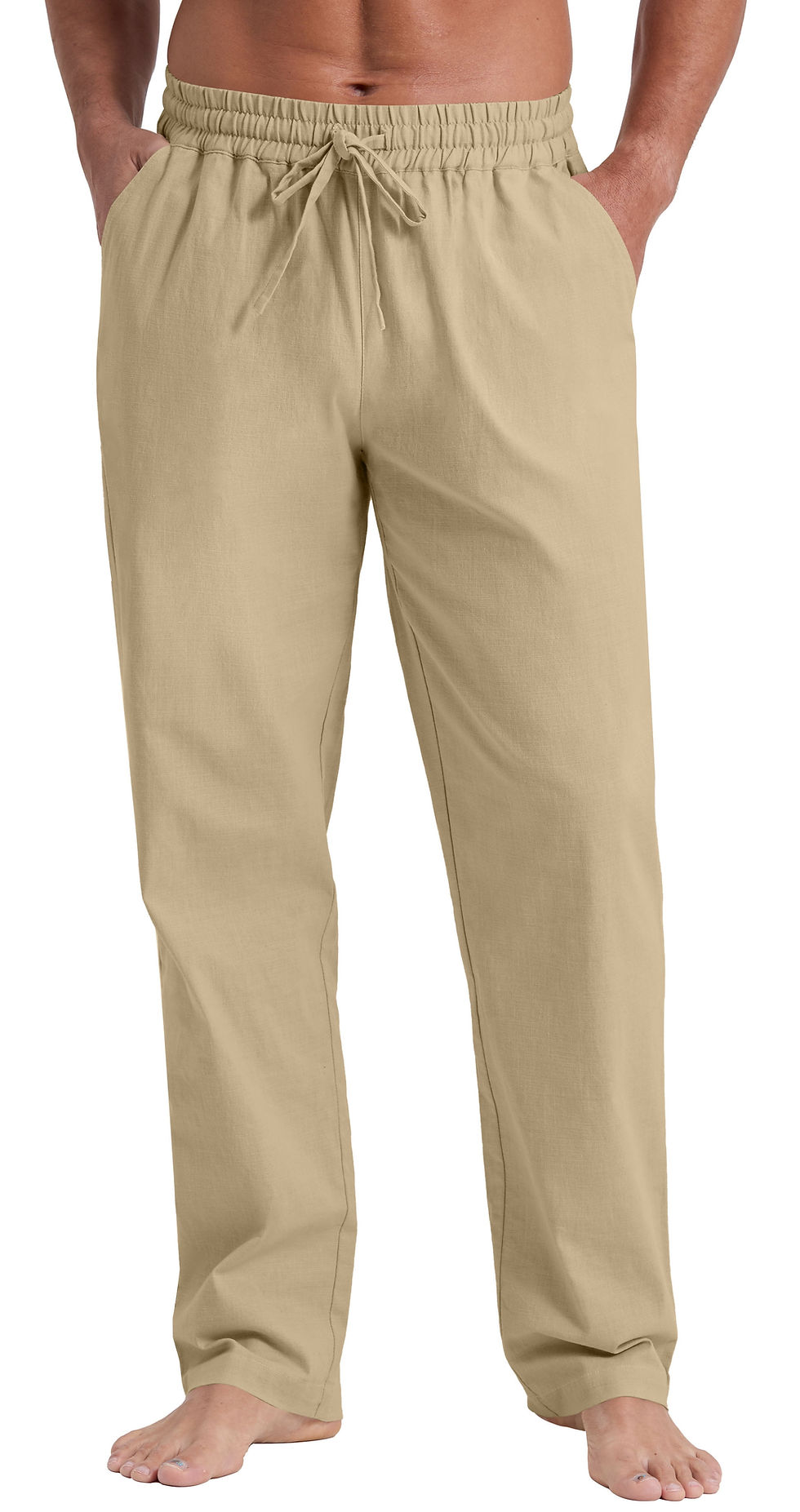 Thumbnail: Mens Cotton Linen Pants Elastic Waist Drawstring Loose Casual Summer Beach Pant