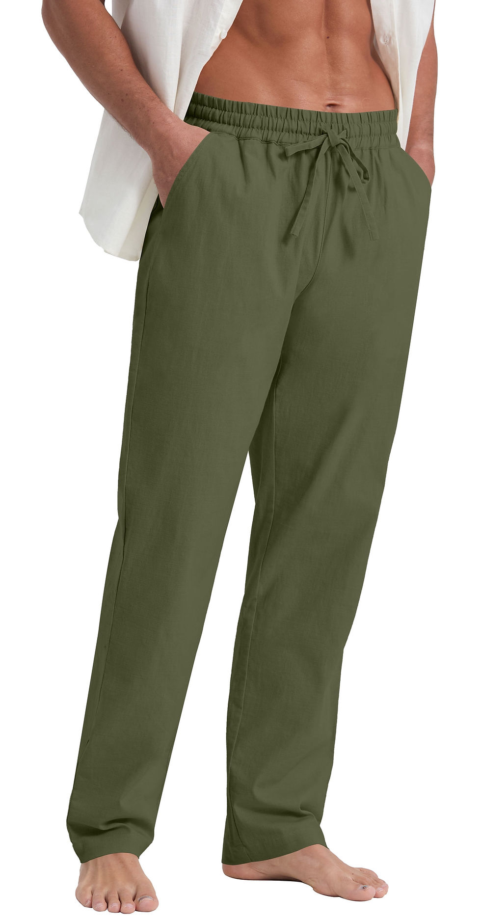 Thumbnail: Mens Cotton Linen Pants Elastic Waist Drawstring Loose Casual Summer Beach Pant