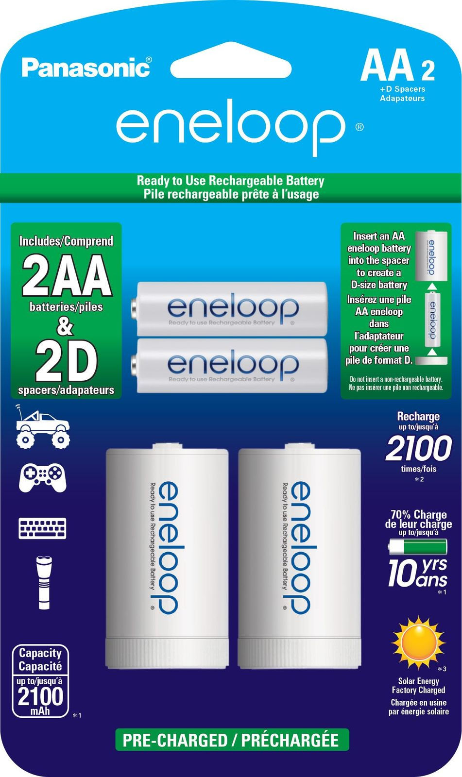 Thumbnail: Eneloop Panasonic K-KJS1MCA2BA D Size Battery Adapters AA 2100 Cycle Ni- MH Pre-