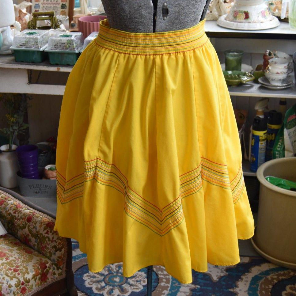 Thumbnail: Vintage 1970s Yellow Smocked Waist Skirt with Rainbow Stitch Detail