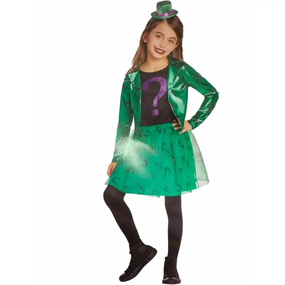 New DC Girls Green & Black Riddler 2 Pc Halloween Dress Costume Size XL 14