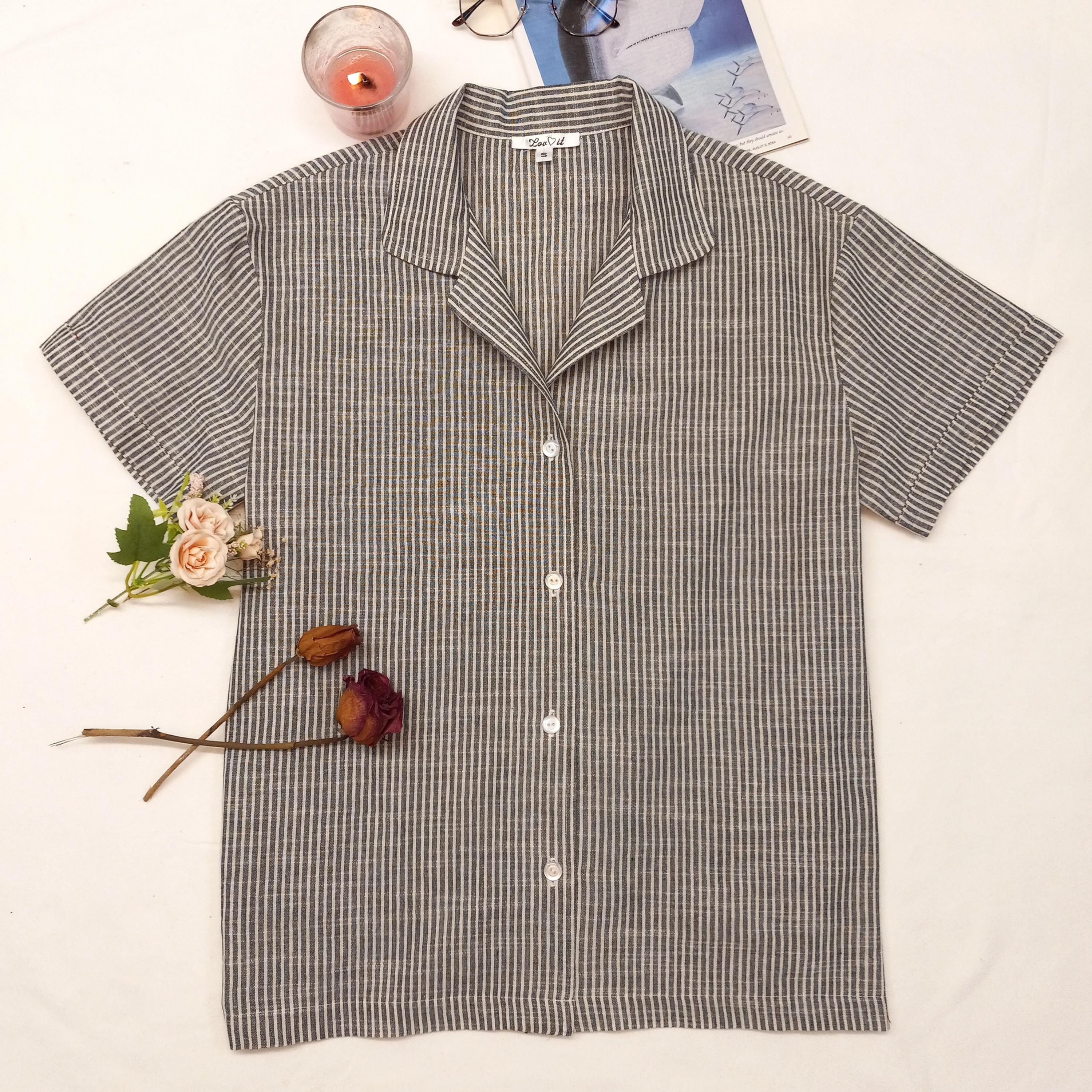 Linen Blend Striped Pajama Shirt: Unisex Short Sleeve with Pocket. Custom size