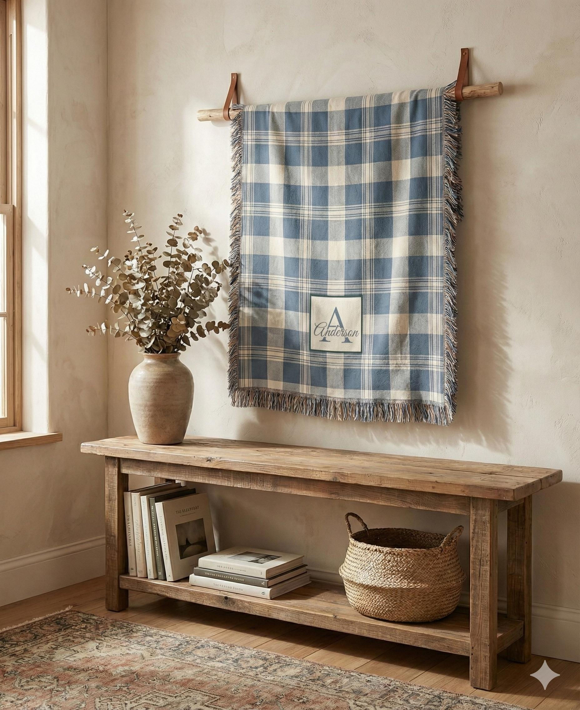 Personalized Family Name Blanket, Blue Slate Plaid Cotton Throw, Anniversary Gi