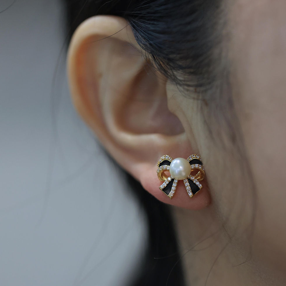 Thumbnail: Trendy Pearl Bow Earrings, Gold Filled with Sparkling CZ Diamonds, Luxurious Gi