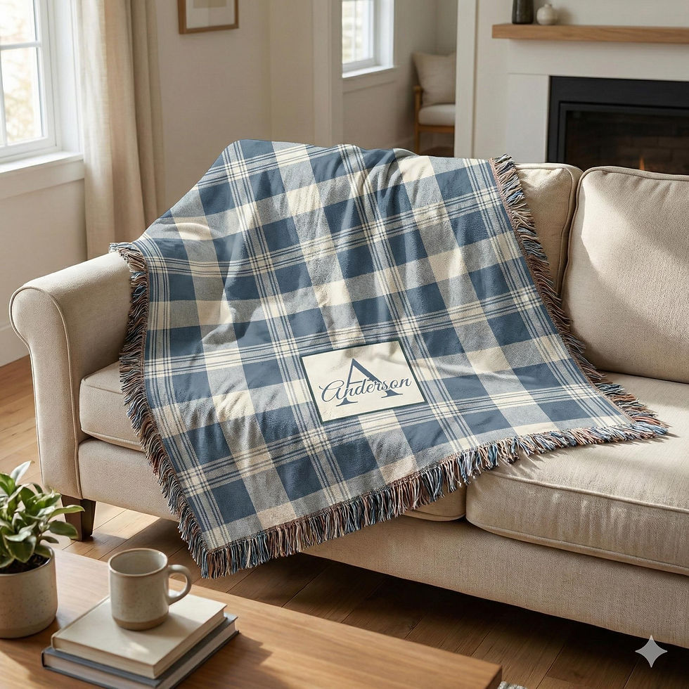 Thumbnail: Personalized Family Name Blanket, Blue Slate Plaid Cotton Throw, Anniversary Gi