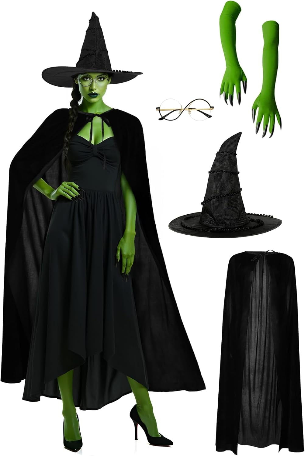 5 pcs women green witch movie cosplay Halloween costume set