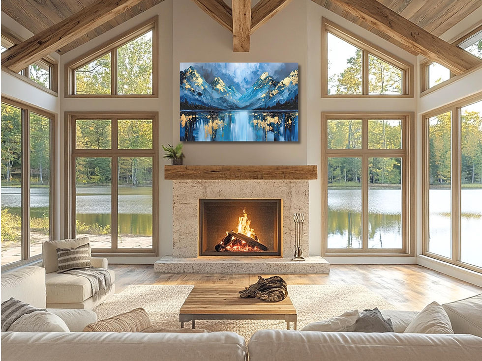 Thumbnail: Blue Mountain Reflection Canvas Art with Gold Accents, Modern Abstract Landscap