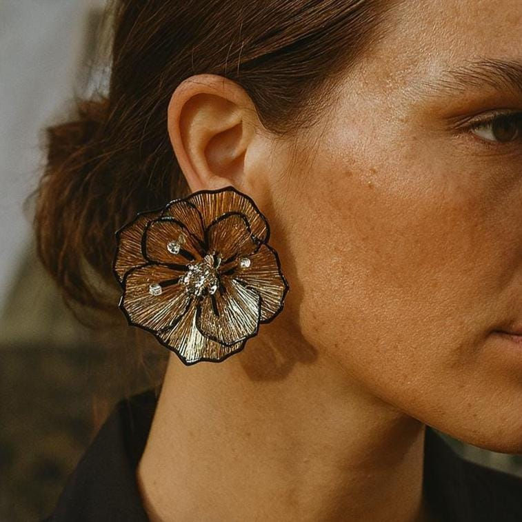 Thumbnail: Large Flower Statement Earrings � Gold and Silver Petal Studs, Crystal Rhinesto