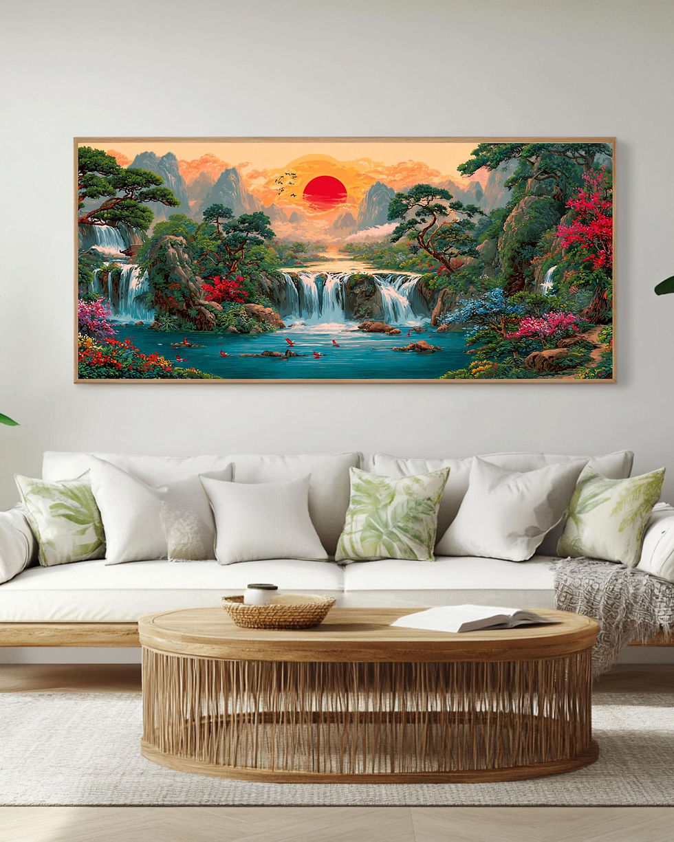 Thumbnail: Chinese Style Panoramic Waterfall Canvas Print, Red Sun Mountain Landscape Wall