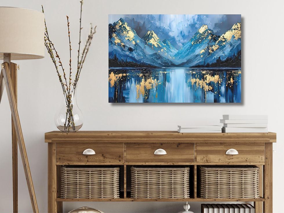 Thumbnail: Blue Mountain Reflection Canvas Art with Gold Accents, Modern Abstract Landscap