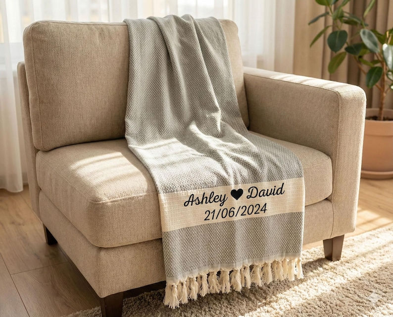 Thumbnail: Cotton Anniversary Gift, Personalized 2nd Anniversary Gift, Custom Wedding Blan