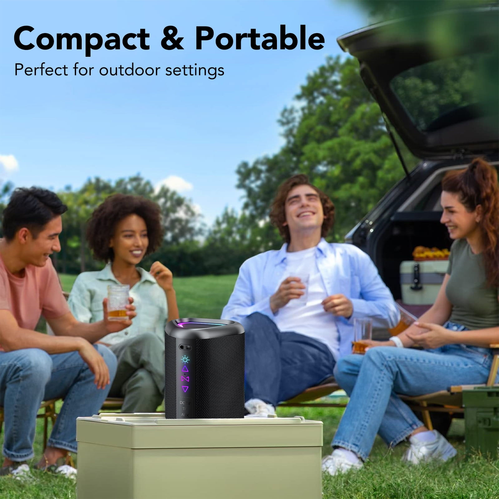 Portable Bluetooth Speaker with Lights, Powerful Crystal Clear Sound, IPX7 Wate