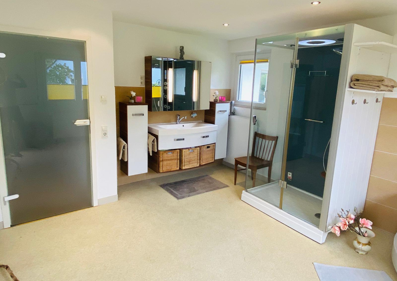 Moderne Dusche mit vielen Wellness-Optionen.