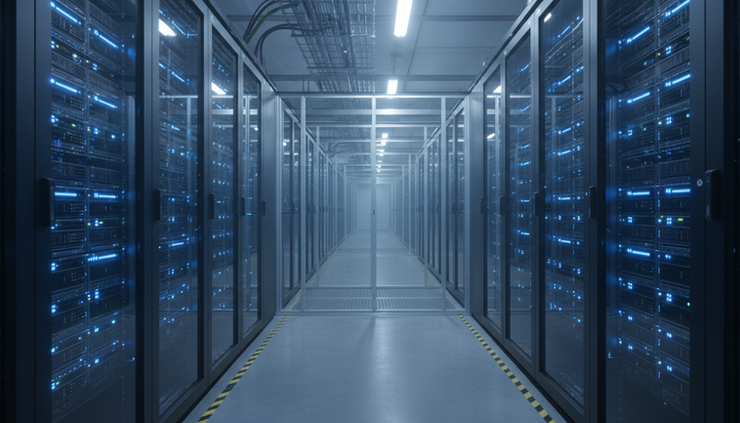 Eye-level view of a server aisle with rows of dark computer racks