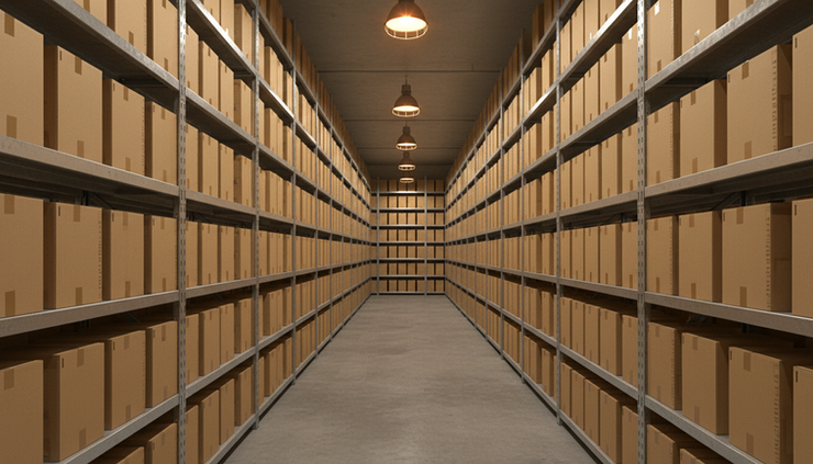 Wide-angle view of stacked warehouse shelves filled with unlabeled cardboard boxes