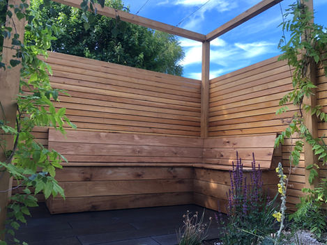 Oak Pergola, 90mm larch cladding, Oak bench (3).JPEG