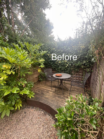 A before image of a small deck in need of replacing in a Balham, London Garden