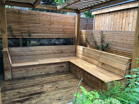 Oak Bench, deck and Pergola, larch cladding.JPEG
