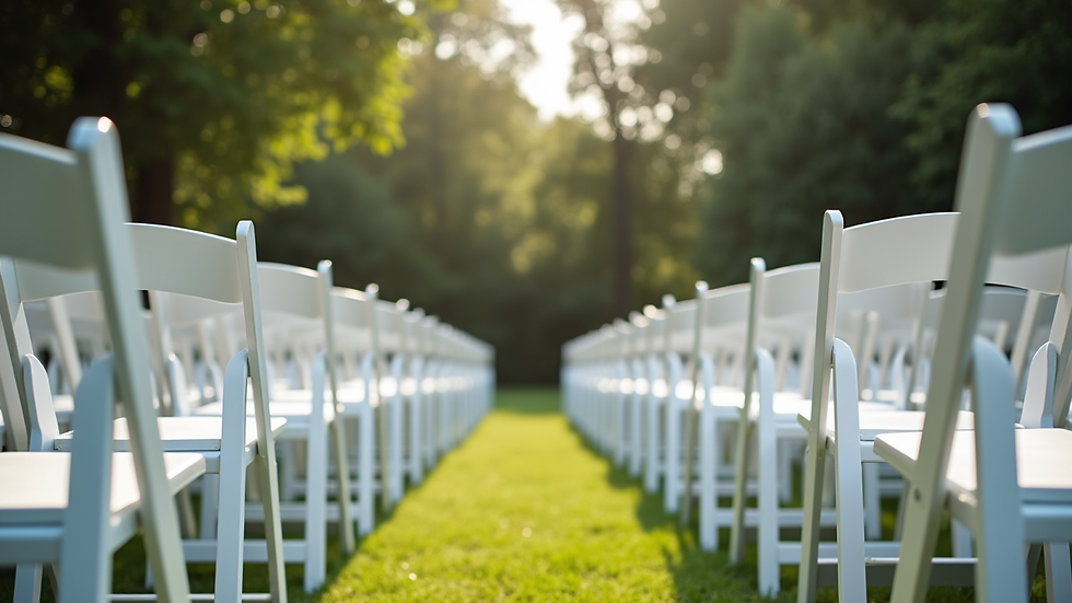 Eye-level view of elegant white folding chairs arranged in a garden setting