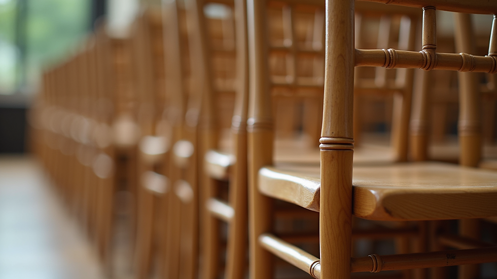 Close-up view of stacked wooden Chiavari chairs ready for event setup