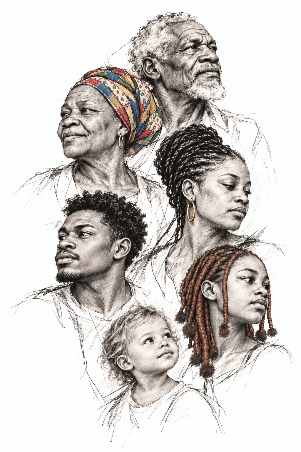 An inclusive, multigenerational Namibian community in graphite, with a colourful Nama doek and subtle gold jewellery.
