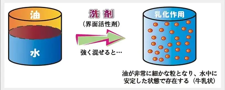 油と洗剤が混ざると乳化する作用の説明