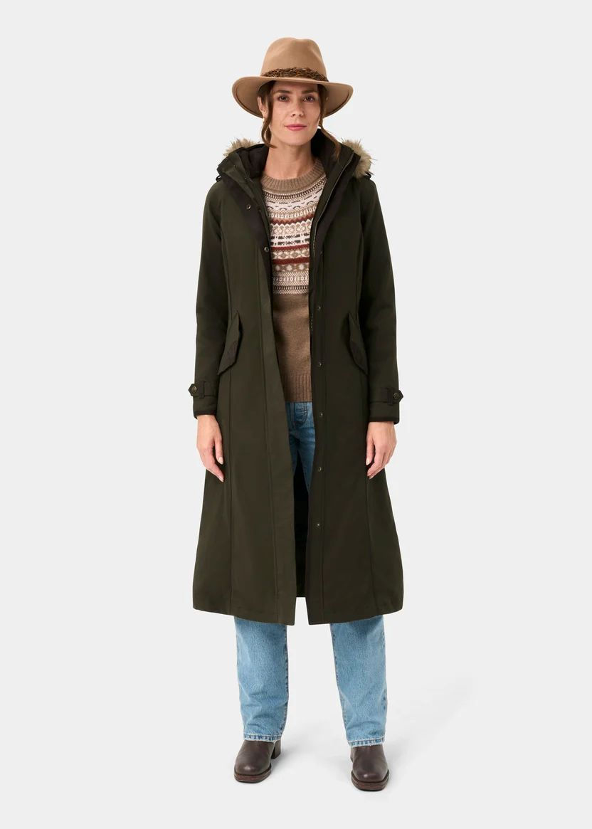 الصورة المصغرة: Alan Paine Dunswell Ladies Waterproof Long Coat in Olive