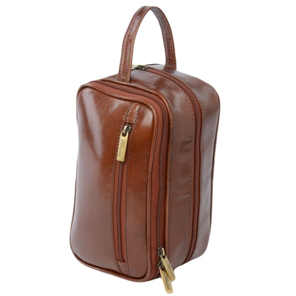Ashwood Mens Leather Washbag in Chestnut