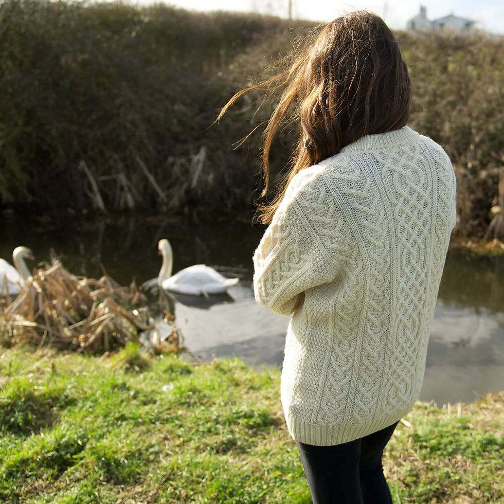Sīktēls: Origin Mars Knitwear: British Wool Aran Cable Jumper in Ecru