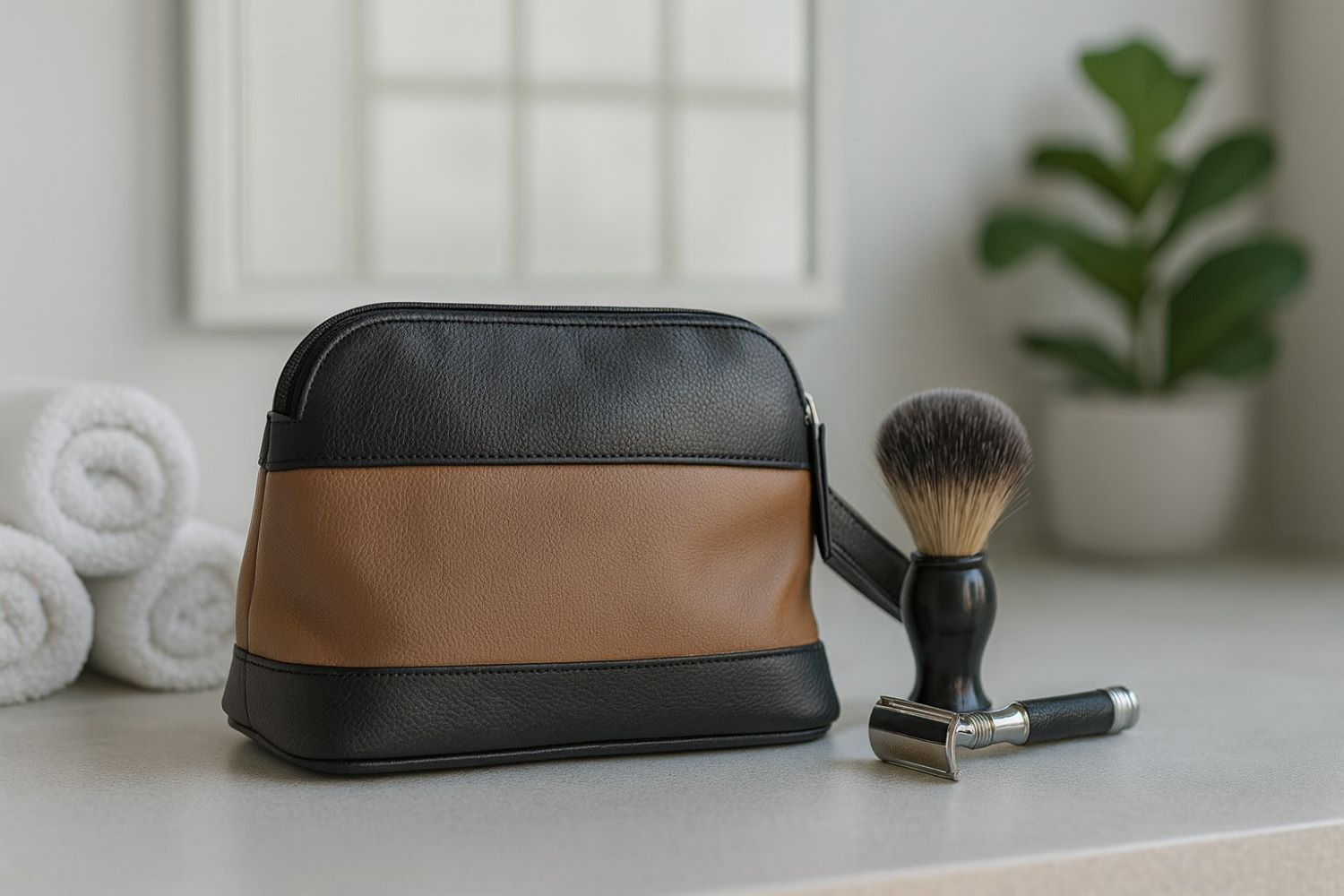 Tan & Black Leather Wash Bag