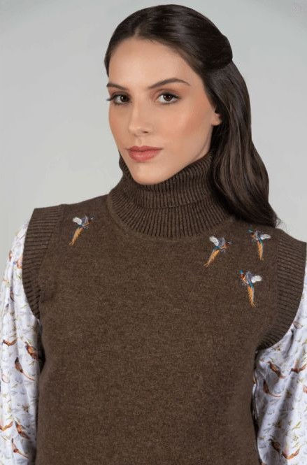 Миниатюра: Hartwell Amara Pheasants Sleeveless Rollneck Slipover Top in Taupe