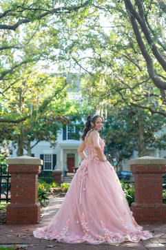 Girl in pink ballgown looking over her shoulder.