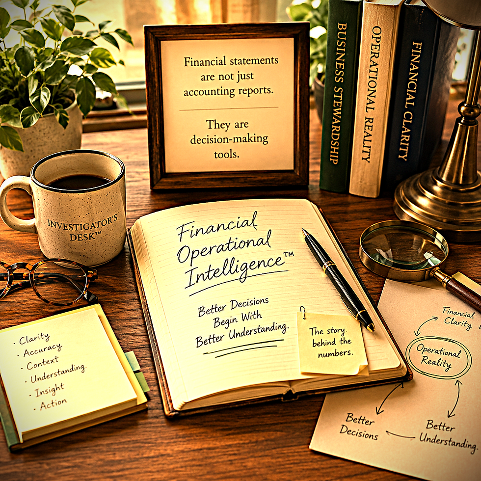 Editorial workspace featuring a notebook titled "Financial Operational Intelligence™," coffee mug, books, magnifying glass, handwritten notes, and financial documents, representing business stewardship, financial clarity, and thoughtful decision-making.