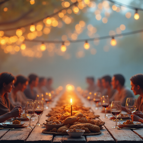 A long rustic wooden table under warm golden lights symbolizing belonging, connection, and soul memory.