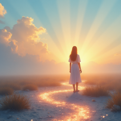 “A woman stands in a golden-hour landscape as a glowing path forms ahead of her, symbolizing clarity appearing once confusion is released.”