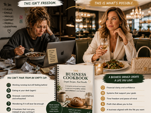 Split image showing an overwhelmed entrepreneur eating at her desk while working late compared to a relaxed business owner enjoying dinner, illustrating the difference between burnout and business freedom.