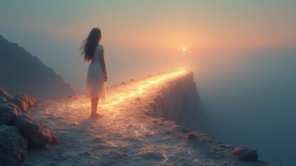 A woman in a white dress stands on a glowing cliff path at sunset. The sky is serene and misty, creating a dreamy, contemplative mood.