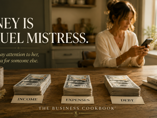 Luxury editorial kitchen table scene featuring three stacks of $100 bills labeled Income, Expenses, and Debt. A female entrepreneur sits in the background distracted by her phone while the money remains ignored in the foreground. Text overlay reads, "Money Is A Cruel Mistress. If you don't pay attention to her, she'll leave you for someone else." The image represents financial awareness, business stewardship, and understanding where money is going in a business. The Business Cookbook™ branding appears at the bottom.