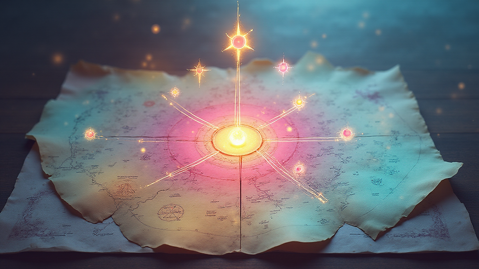 Glowing spiritual map on aged parchment with radiant compass points and luminous pathways extending outward from a central light, symbolizing spiritual cartography, inner guidance, and mapping the life only you can live.